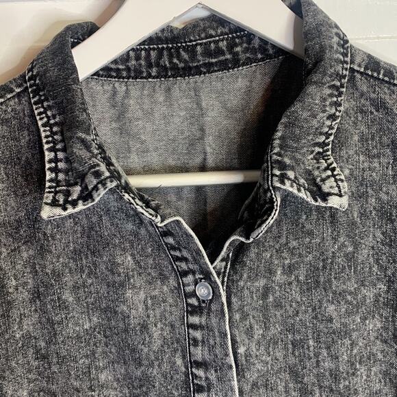 Charcoal Gray Black Acid Wash Button-down Short-sleeve Babydoll Dress W-672 Sz S - Picture 4 of 9